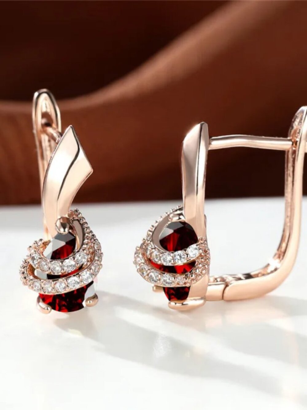 14K Gold Womens 2ct Red Ruby Gemstone 1ct Diamond Hanging Drop Hoop Earrings NEW